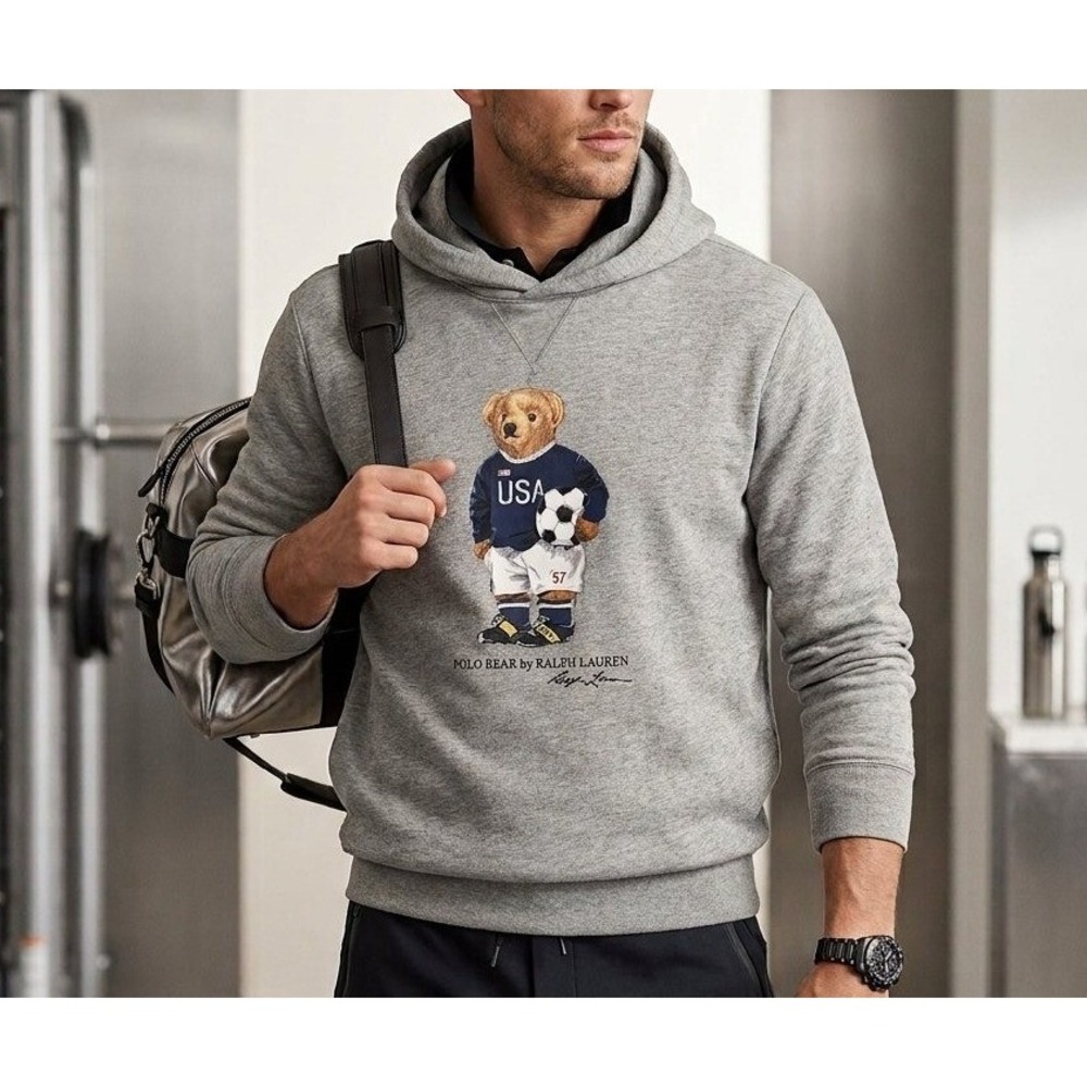 Polo Ralph Lauren Hoodie Mens L Gray USA Soccer Bear Graphic Sweatshirt